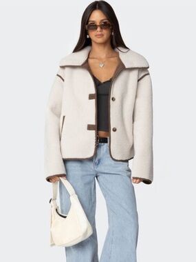 Edikted Cream Teddy Jacket with Brown Trim